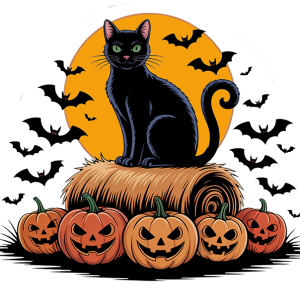 Black cat on pumpkins