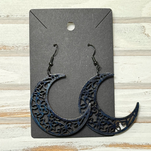 Blue Black Crescent moon earrings (wood)