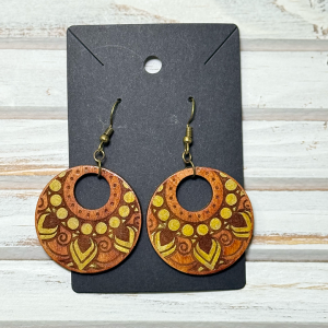 Round mandala with gold accents earrings (wood)